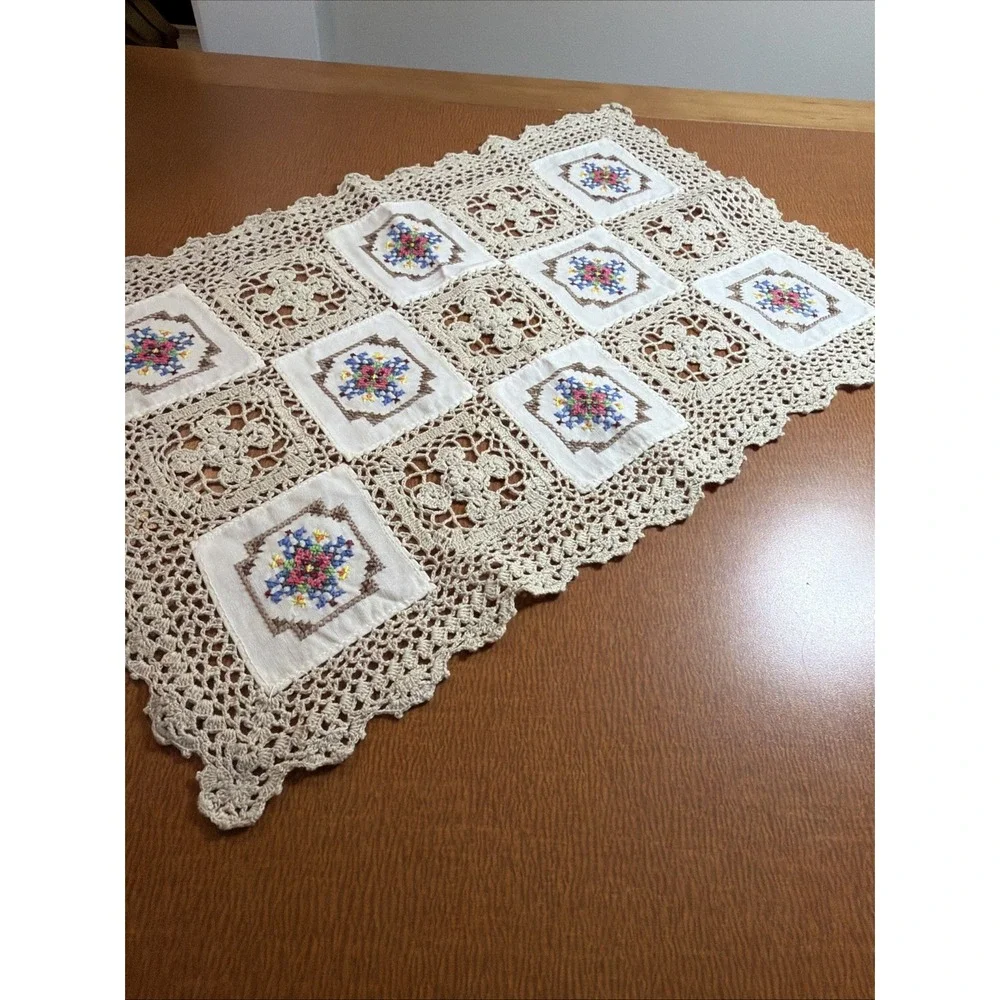 Vtg Hand Cross Stitch Embroidery Crochet Lace Patch Cotton Beige Topper 12x17